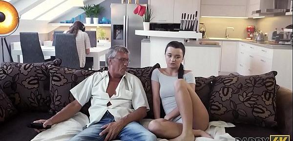  DADDY4K. Skillful old man manages to fuck comely brunette on sofa